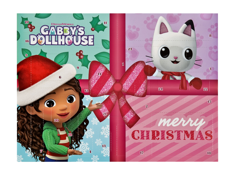 Adventskalender mit Zeichentrickfigur und Katze, mit dem Text „Frohe Weihnachten“.