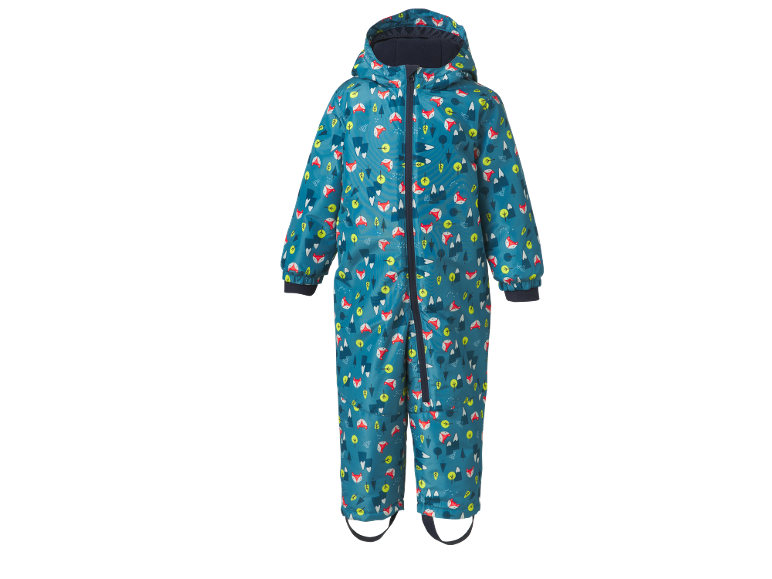 Kinder-Regenoverall mit Fuchs- und Baumdruck auf blaugrünem Hintergrund.