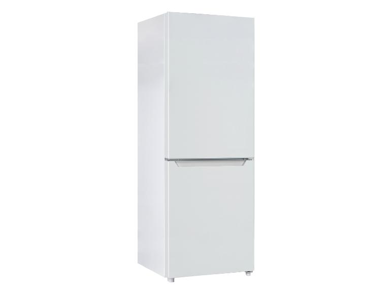 Weißer Kühl-Gefrierschrank mit zwei Türen und integriertem Griff.