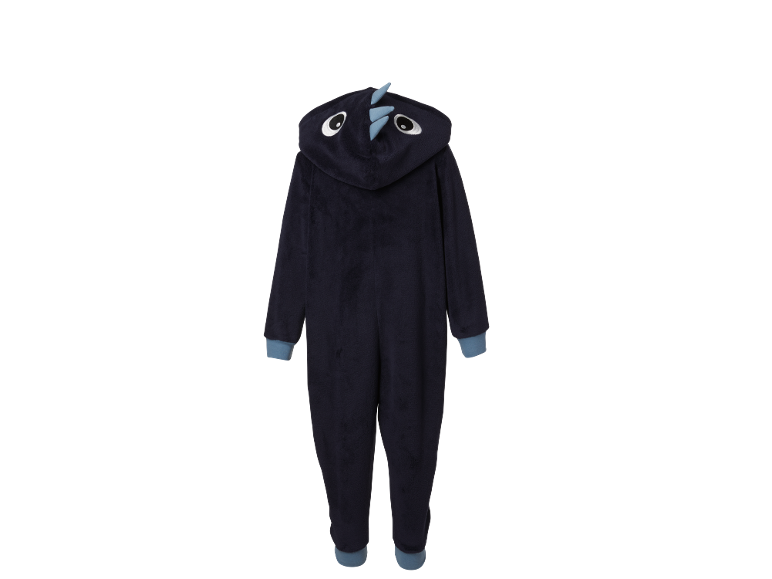 Dunkelblauer Kinder-Overall mit Kapuze und Dinosaurier-Details.