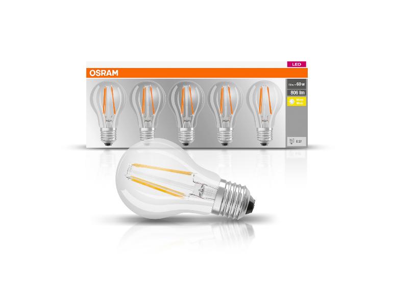 LED-Glühbirnenpackung mit fünf Glühbirnen und einer Glühbirne vorne, 7.0W = 60W, 806 lm, warmweiß, E27.