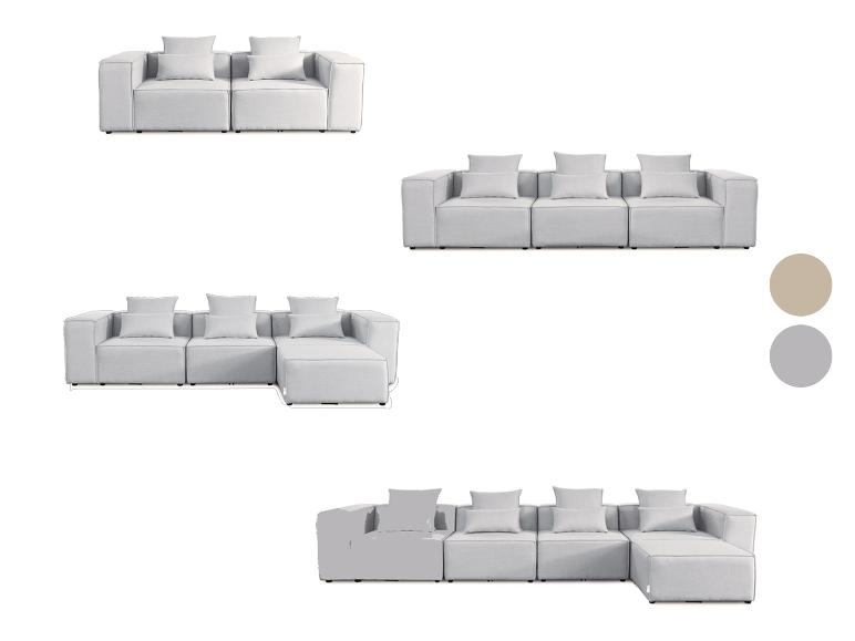 Hellgraues Modulsofa mit Kissen, in verschiedenen Konfigurationen dargestellt.