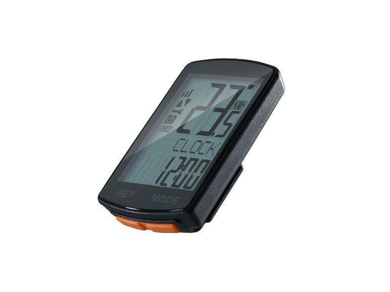 Schwarzer Fahrradcomputer mit Digitalanzeige, zeigt Geschwindigkeit und Uhrzeit.