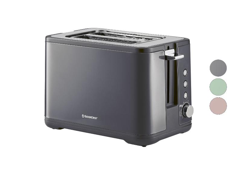 Dunkelgrauer Toaster mit zwei Schlitzen, Bedientasten und Bräunungsregler.