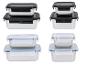 Edelstahl-Lebensmittelbehälter mit schwarzen und transparenten Kunststoffdeckeln, in verschiedenen Größen.
