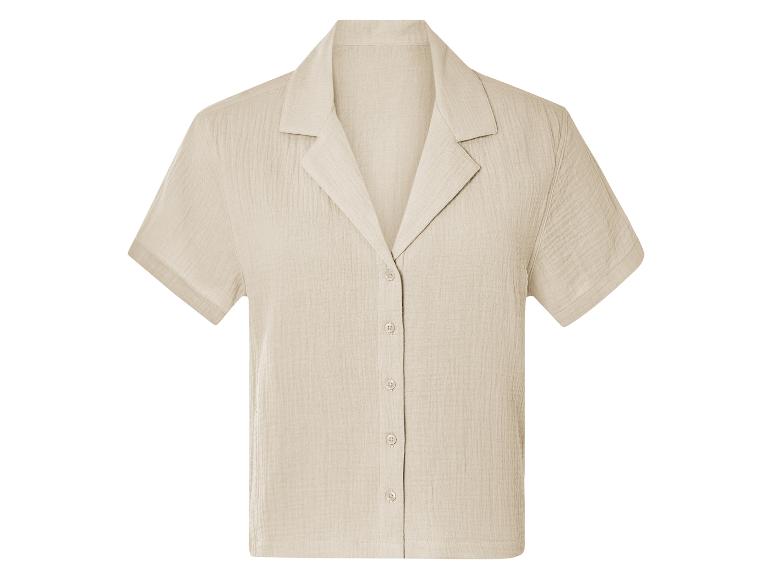 Beige Kurzarmhemd, klassischer Kragen, Knopfleiste.