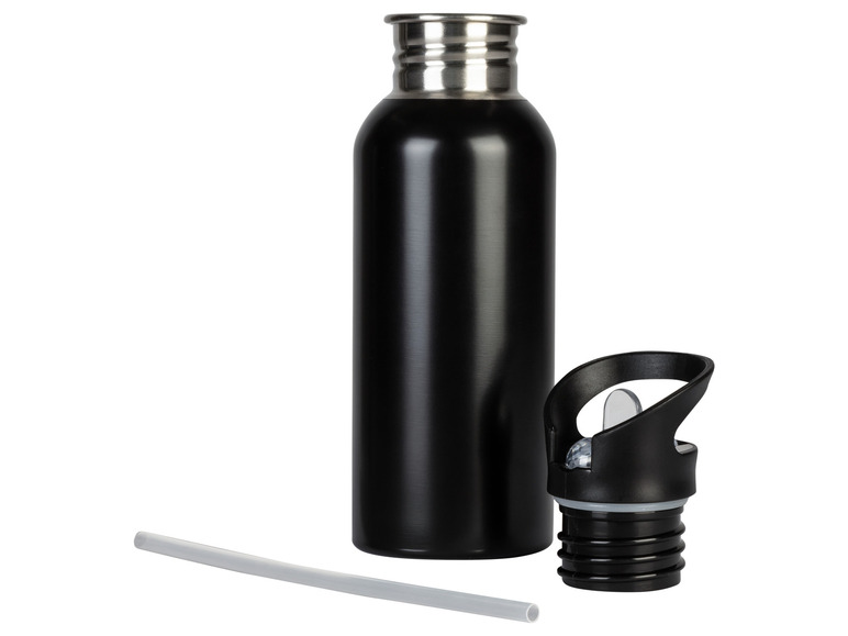 Eine schwarze Thermosflasche mit einem Trinkaufsatz und einem Strohhalm.