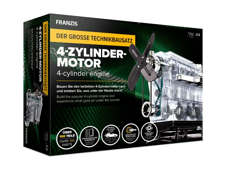 Franzis 4-Zylinder-Motormodellbausatz mit über 100 Teilen und simuliertem Sound.