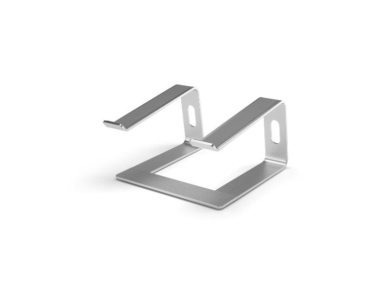 Silberner Laptop-Ständer mit ergonomischem Design, stabiler Basis und erhöhter Plattform.