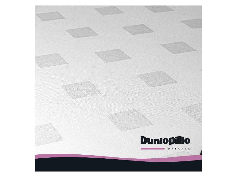 Weiße Dunlopillo Balance Matratze mit Rautenmuster und lila-schwarzem Rand.