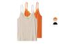 Zwei Damen-Camisole-Tops mit Spitze, eines beige und eines orange.