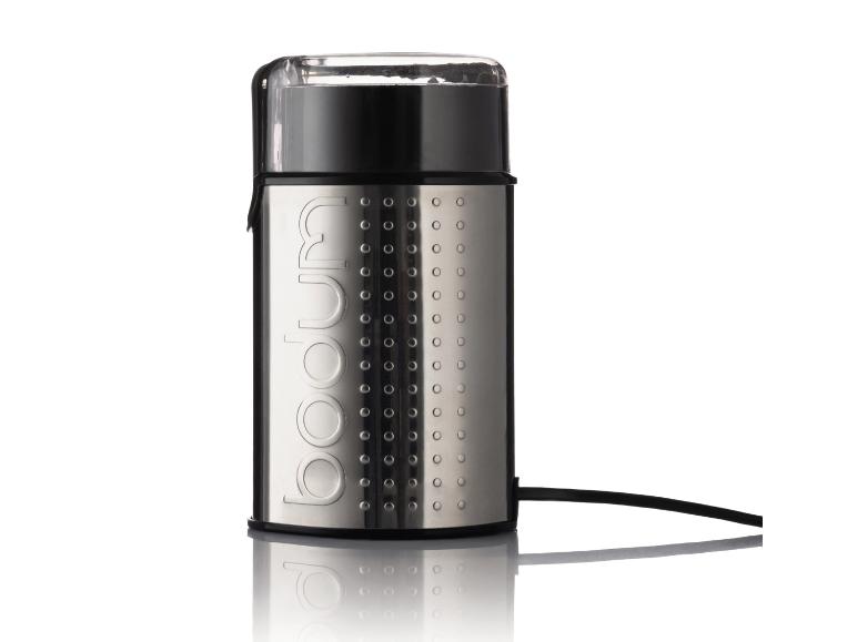 Bodum Kaffeemühle aus Edelstahl mit schwarzem Deckel und Kabel.