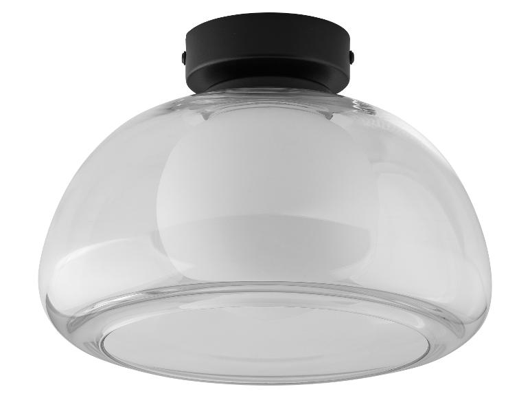 Glas-Deckenleuchte mit Kuppel und schwarzer Basis.