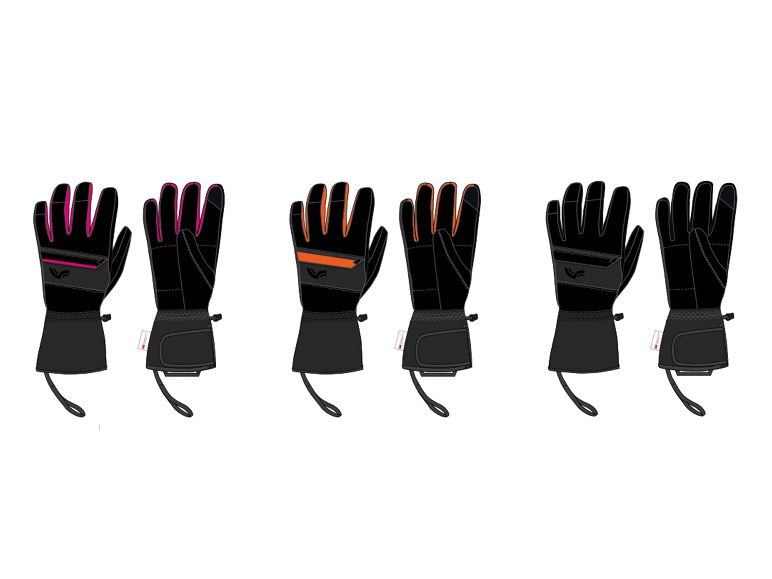 CRIVIT Premium-Skihandschuhe in Schwarz mit pinken, orangen und grauen Akzenten.