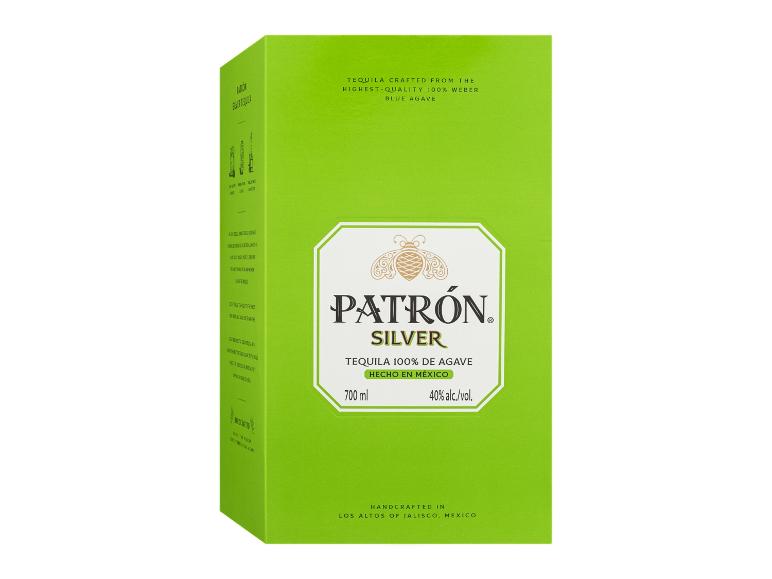 Verpackung von Silber-Tequila aus 100% Weber-Blauer Agave, 700 ml, 40% Alkohol, hergestellt in Mexiko.