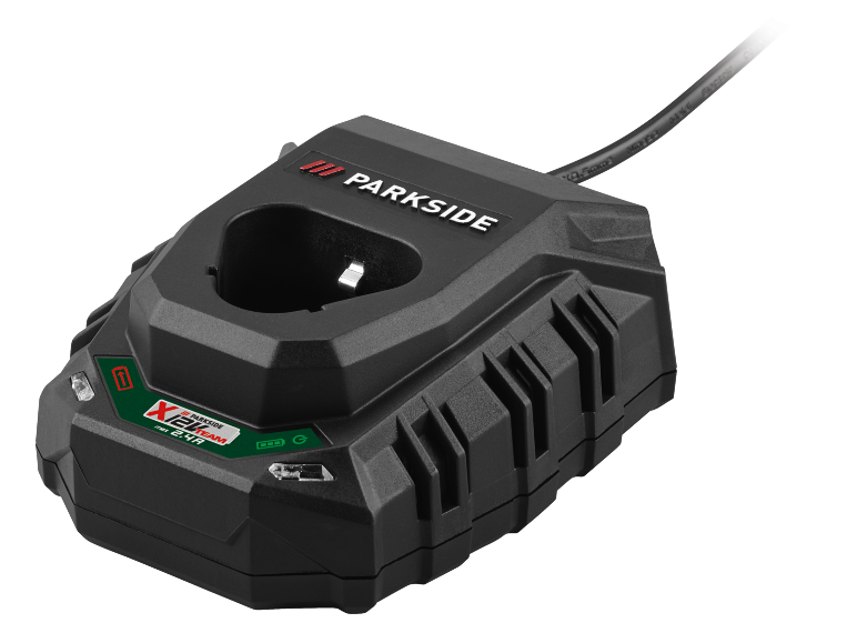 Schwarzes Akkuladegerät für Elektrowerkzeuge mit X 12 V Team-Logo und Leuchtanzeigen.