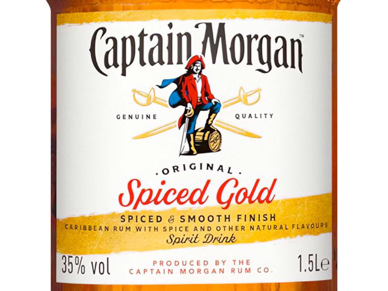 Etikett einer 1,5-Liter-Flasche Captain Morgan Spiced Gold Rum.