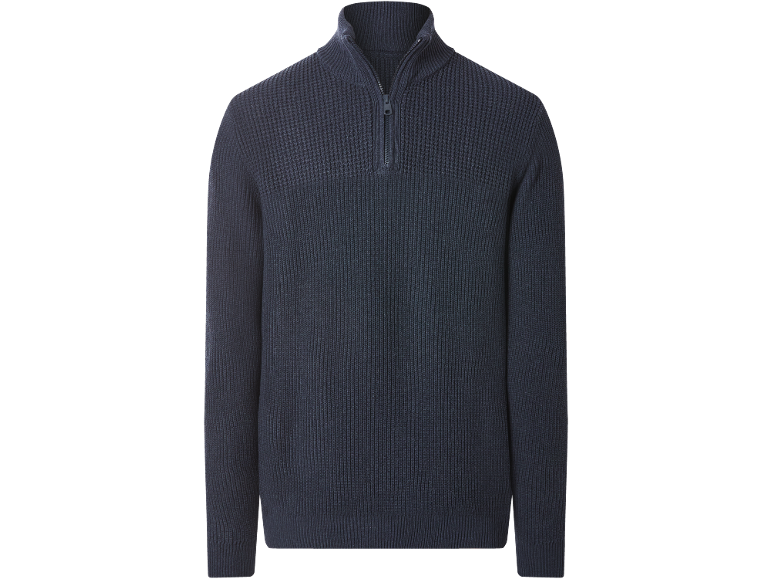 Herren-Strickpullover in Dunkelblau mit halbem Reißverschluss und Rippstruktur.