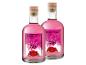 Zwei Flaschen Pink Gin mit Etikett, das rote Beeren und Text zeigt.