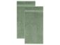 Zwei grüne Badetücher mit strukturiertem Rand, leicht versetzt.