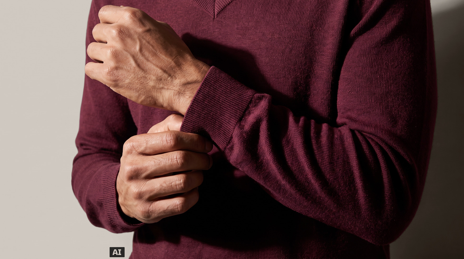 Dieses Bild ist KI-generiert: Ein männliches Model trägt den Pullover in der Farbe Bordeaux.
