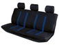 Schwarze Autositzbezüge mit blauen Details und Kopfstützen.