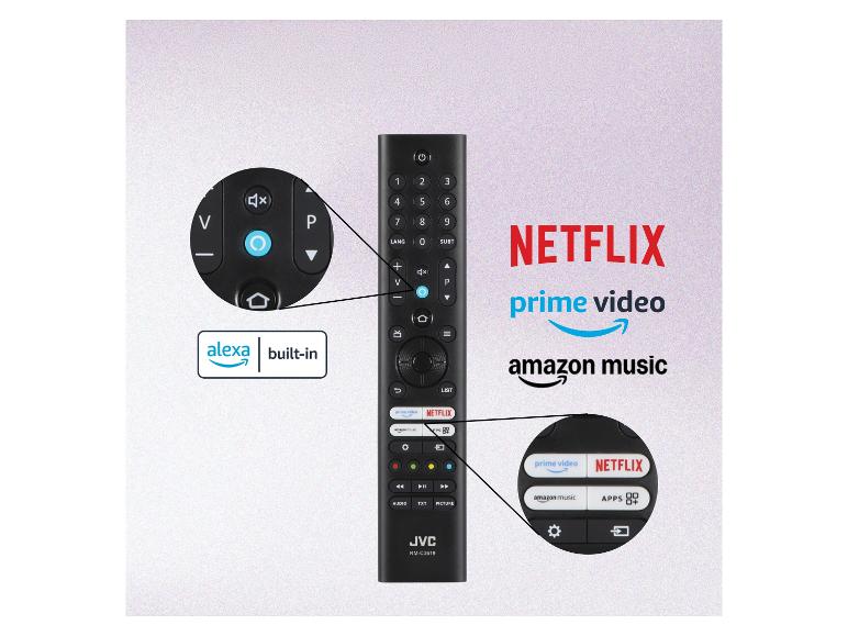 JVC Fernbedienung mit integrierter Alexa, Netflix-, Prime Video- und Amazon Music-Tasten.