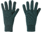 Ein Paar dunkelgrüne Strickhandschuhe, einer zeigt die Handfläche und der andere den Handrücken.