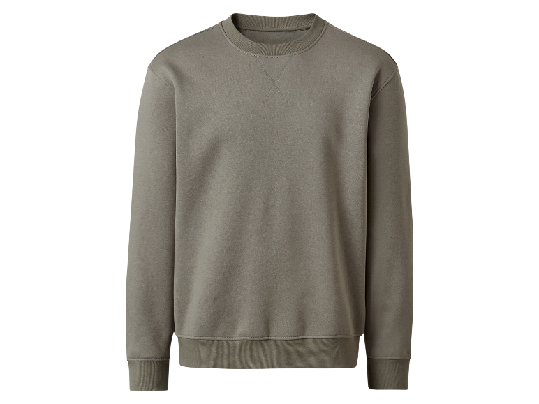 Grauer Pullover mit langen Ärmeln.