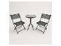 Schwarzes Metall-Bistro-Set mit zwei Klappstühlen und einem runden Glastisch.