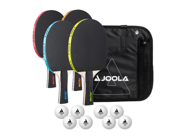 Set aus vier Tischtennisschlägern in verschiedenen Farben, acht Bällen und einer schwarzen Aufbewahrungstasche.