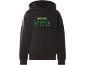 Schwarzer Hoodie mit grün gesticktem Gaming-Logo und pixeligen Charakter-Umrissen
