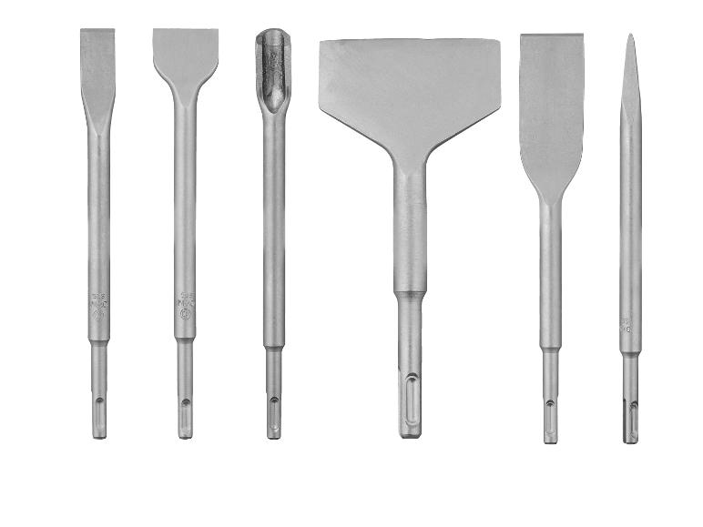 Ein Satz von sechs SDS-Meißeln für Abbruchhämmer, darunter Flach-, Spitz- und Breitmeißel.
