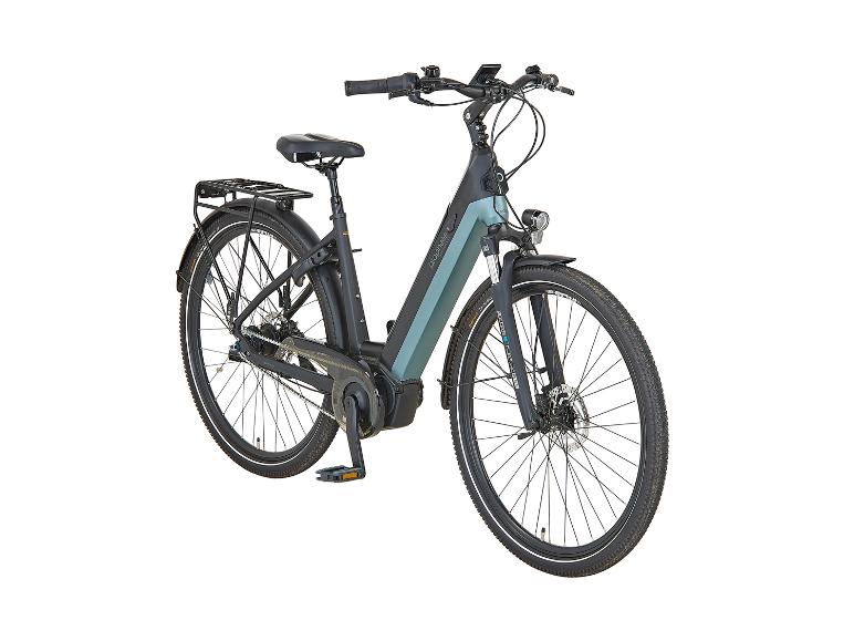 Schwarz-graues Prophete E-Bike mit Gepäckträger und Vorderlicht