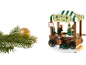 Weihnachtsbaumverkaufsstand mit Miniaturfiguren, Bäumen und Preisliste, neben einem glitzernden Goldornament und Tannenzweig.