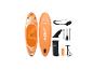 Orangefarbenes aufblasbares Stand-Up-Paddleboard-Set mit Pumpe, Paddel, Finne und Zubehör.