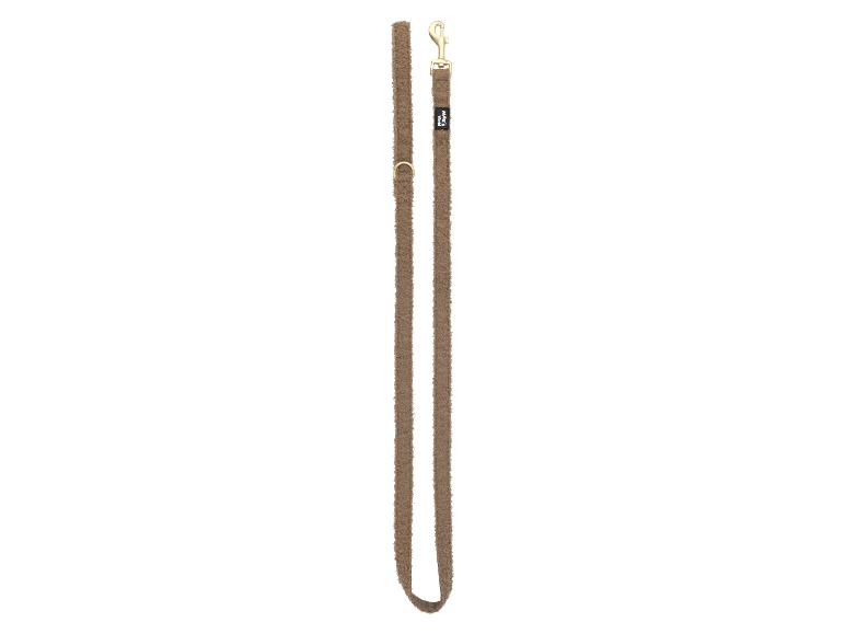 Braune Hundeleine aus strukturiertem Material mit Metallkarabiner und Ring.