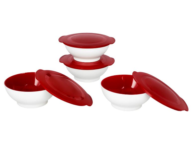 Set weiße Schalen mit roter Innenseite und roten Deckeln