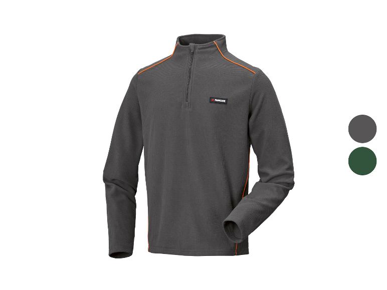 Herren-Fleecejacke mit Reißverschluss und orangefarbenen Details, erhältlich in Grau und Dunkelgrün.