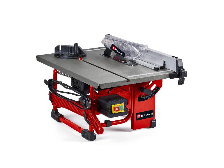 Rote Tischkreissäge mit grauer Platte, Schutzhaube und Winkelverstellung