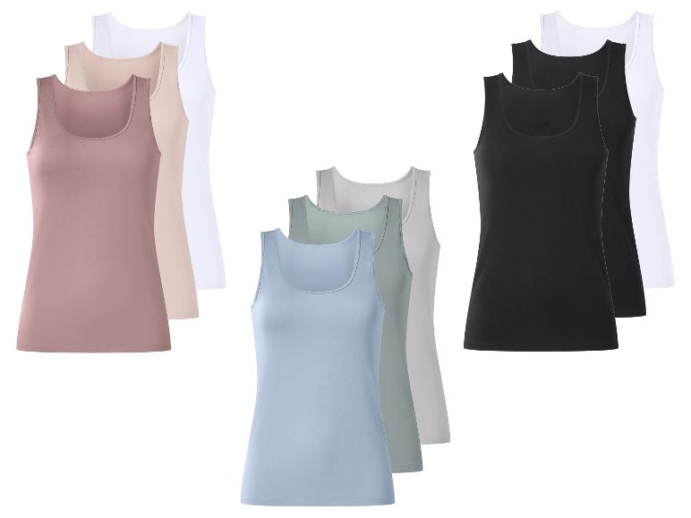 Damen-Tanktops in verschiedenen Farben: Rosa, Beige, Weiß, Blau, Grün, Grau und Schwarz.