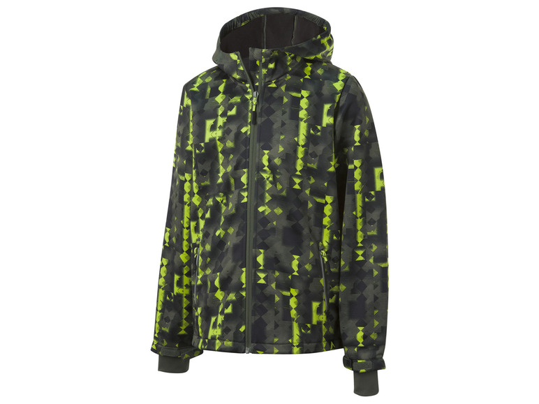 Eine grüne Softshell-Jacke mit einem neon-grünen geometrischen Muster.