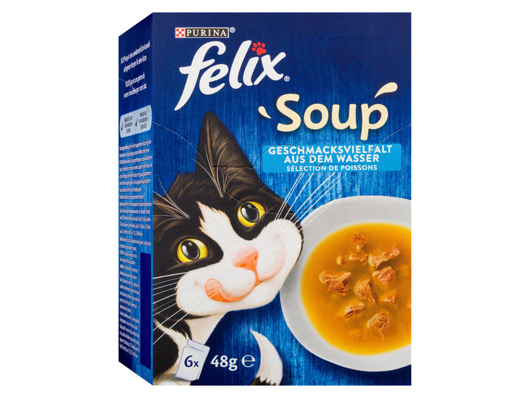 Gehe zu Vollbildansicht: FELIX Soup Geschmacksvielfalt aus dem Wasser mit Kabeljau, Thunfisch, Scholle Katzennassfutter (8 x 6 Beutel à 48g) - Bild 2