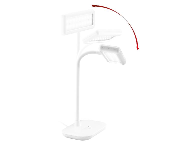 Bewegung einer weißen verstellbaren LED-Schreibtischlampe auf weißem Hintergrund