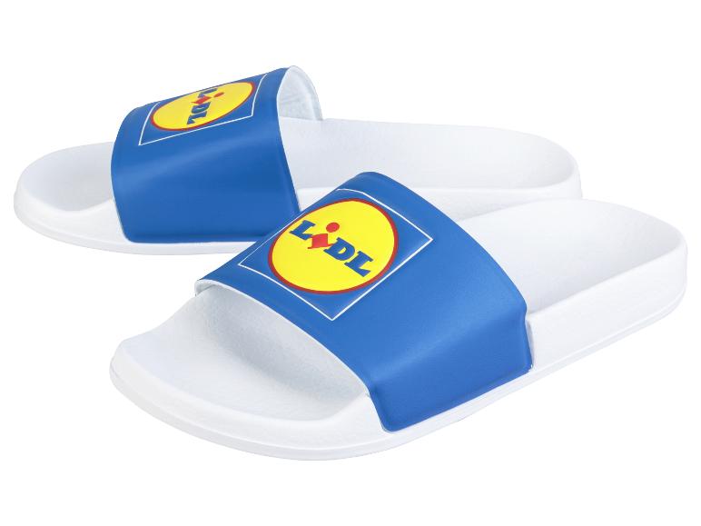 Lidl-Badeschlappen, blau-weiß.
