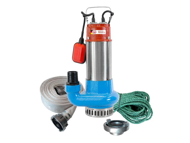 Güde Tauchpumpe mit Schlauch, Seil und Zubehör auf weißem Hintergrund.