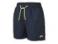 Dunkelblaue Herren-Badeshorts mit gelbem Kordelzug und kleinem gelben Logo.