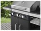 Grillmeister Gasgrill mit drei Brennern und einem schwarzen Schrank.