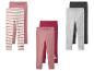 Drei Sets Kinderleggings: rosa gestreift, einfarbig rosa/bordeaux und grau/schwarz.