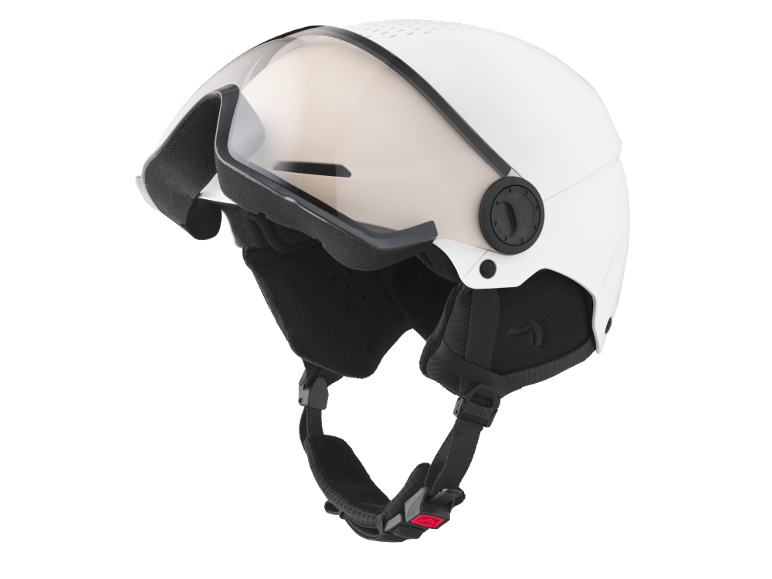 Weißer Skihelm mit integriertem Visier und verstellbarem Riemen.